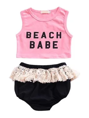 2-piece Set Printed Sleeveless Top Fringed Shorts for Baby Girls