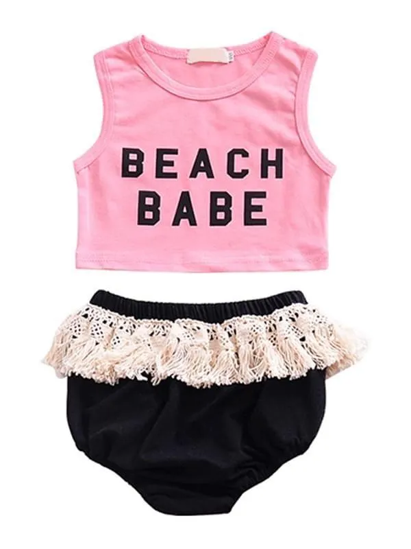 2-piece Set Printed Sleeveless Top Fringed Shorts for Baby Girls
