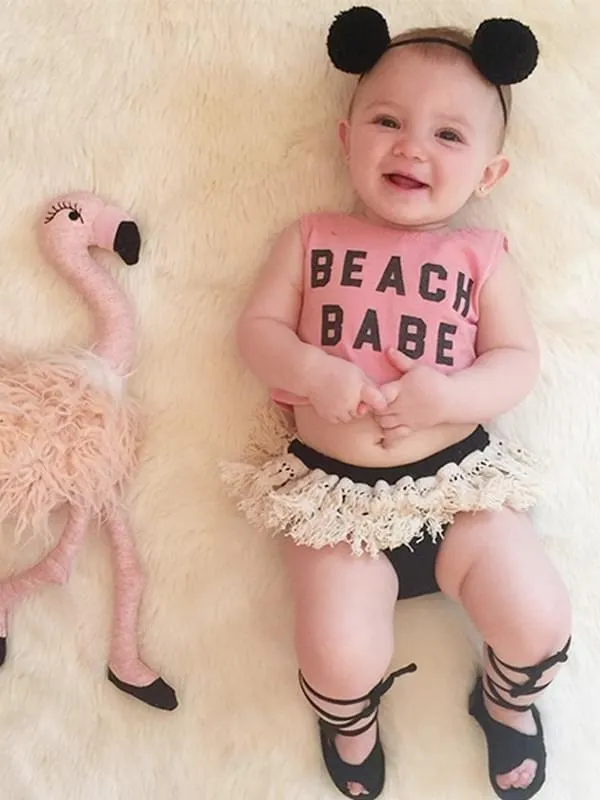2-piece Set Printed Sleeveless Top Fringed Shorts for Baby Girls
