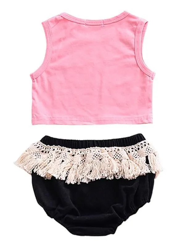 2-piece Set Printed Sleeveless Top Fringed Shorts for Baby Girls