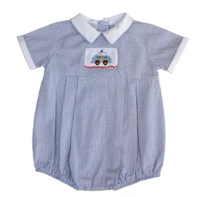 21002-Hand Smocked Baby Boy Bubble Romper Checkered Police Car