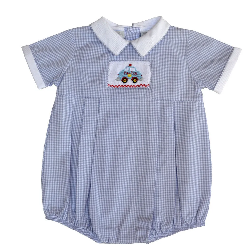 21002-Hand Smocked Baby Boy Bubble Romper Checkered Police Car