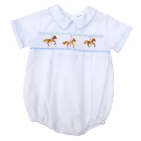 70040-Hand Smocked White Carousel Baby Boy Bubble Romper