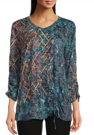 Abstract Crinkle Burnout Knit V-Neck Drawstring 3/4 Sleeve Tunic