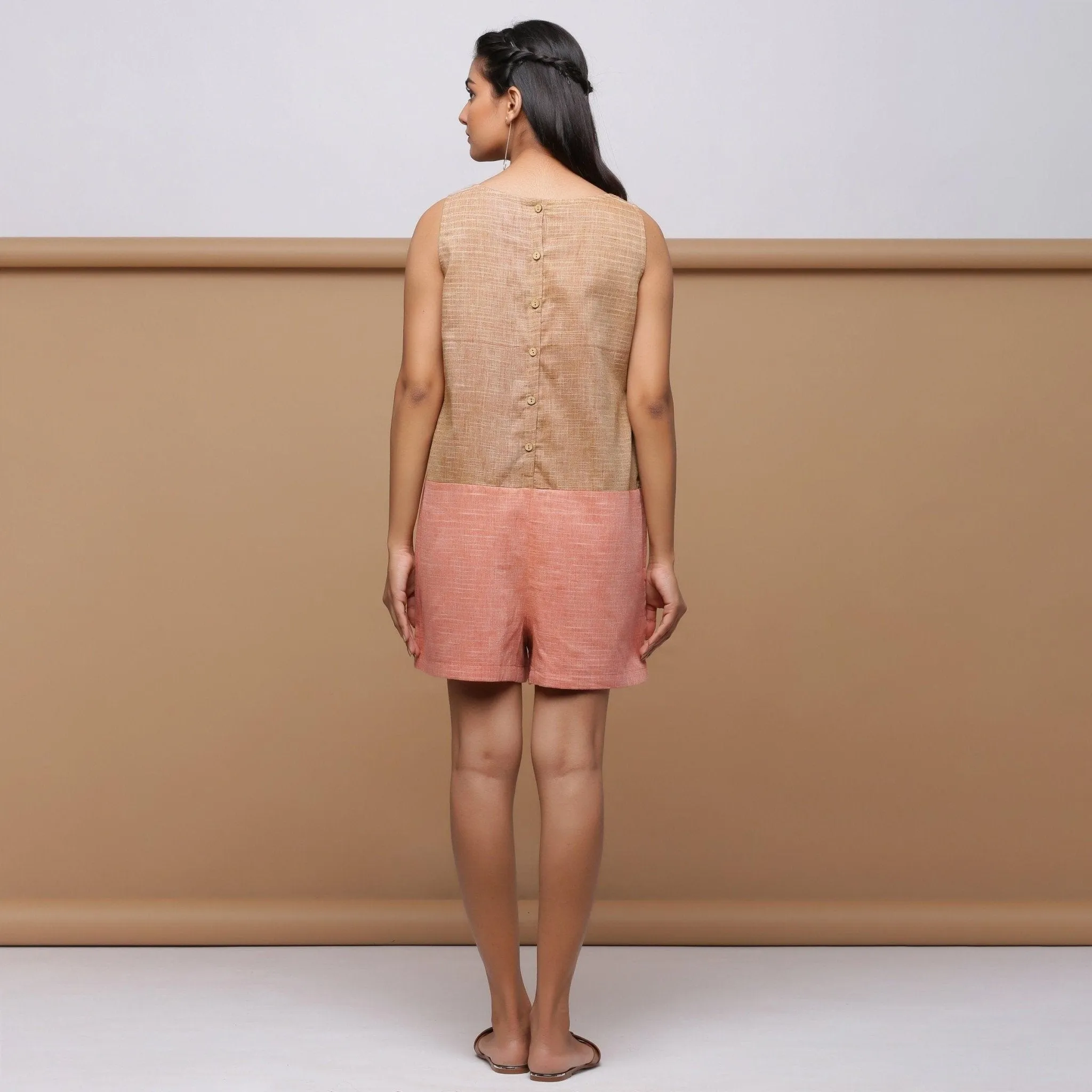 Beige and Pink Cotton Muslin Sleeveless Short Romper