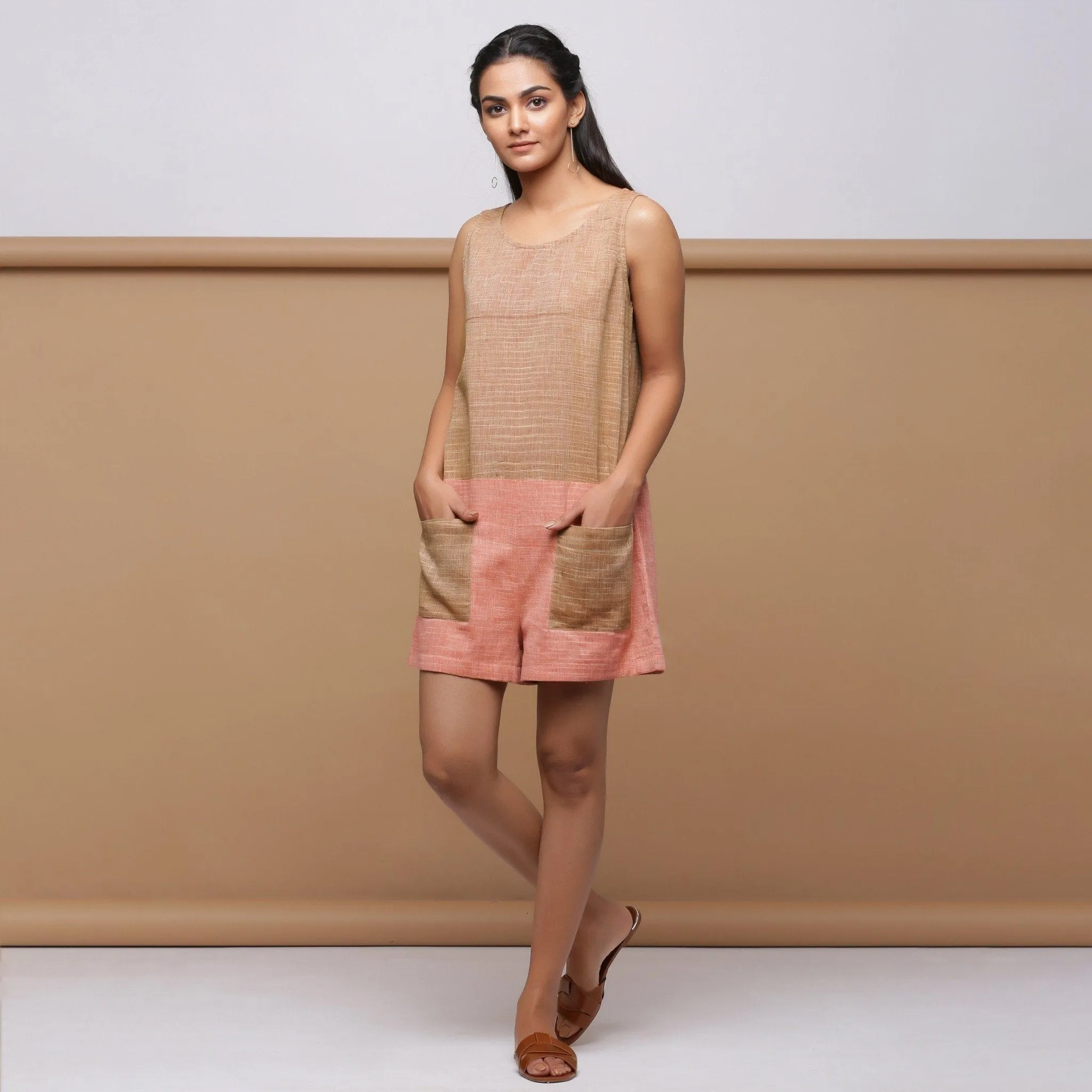 Beige and Pink Cotton Muslin Sleeveless Short Romper