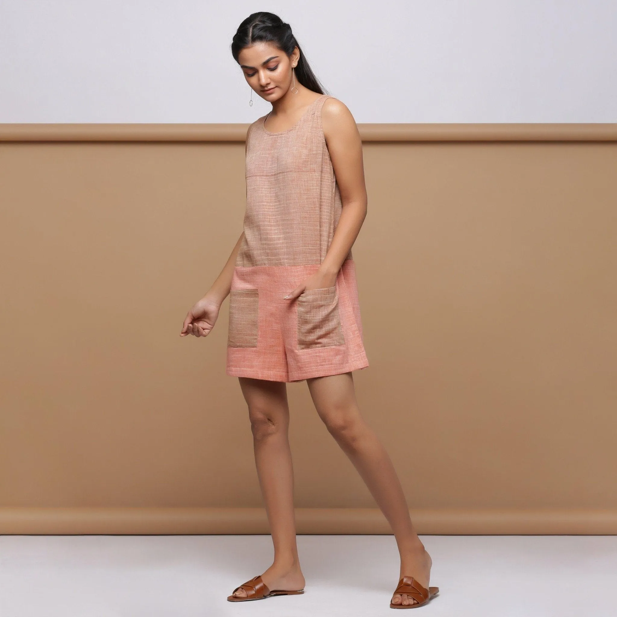 Beige and Pink Cotton Muslin Sleeveless Short Romper