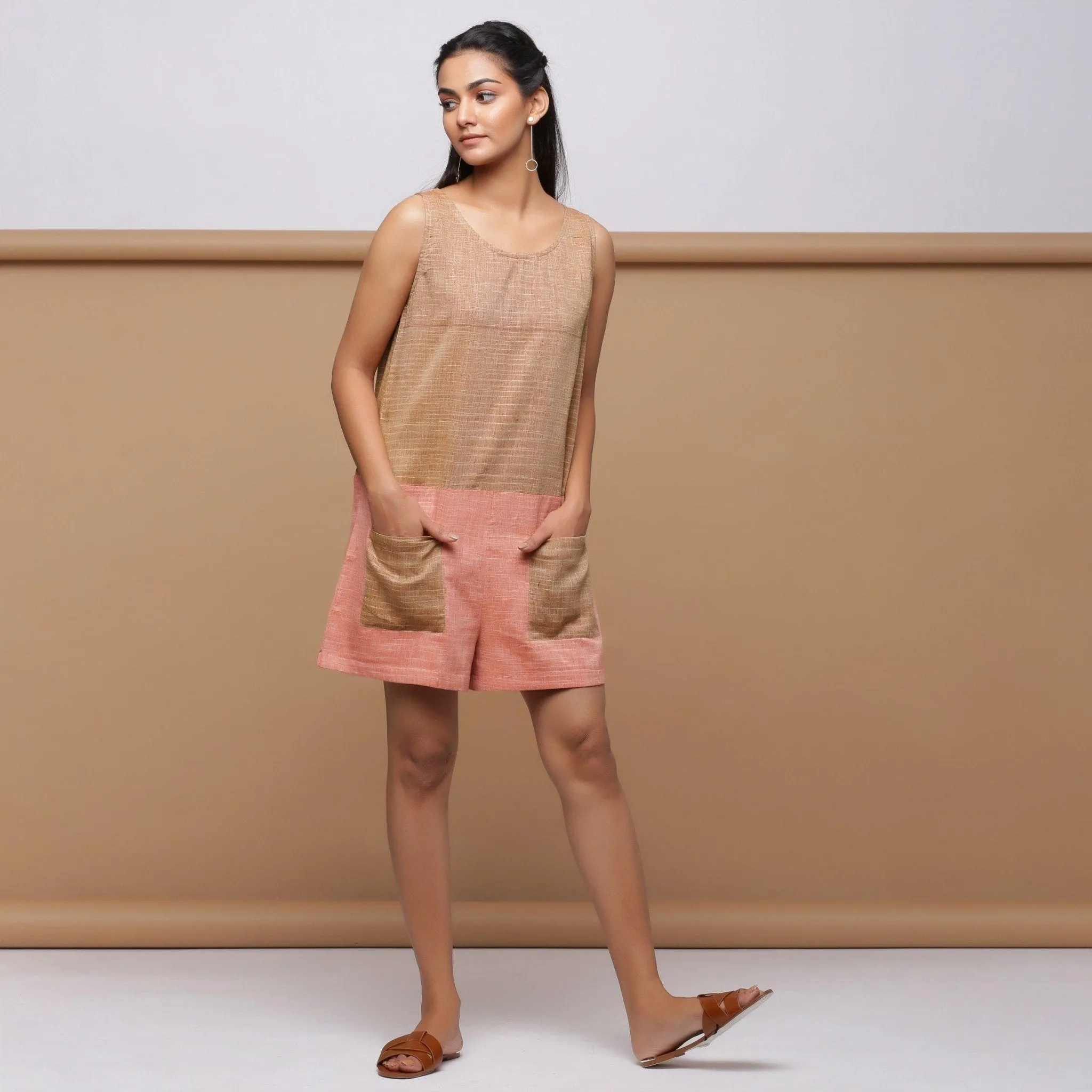Beige and Pink Cotton Muslin Sleeveless Short Romper