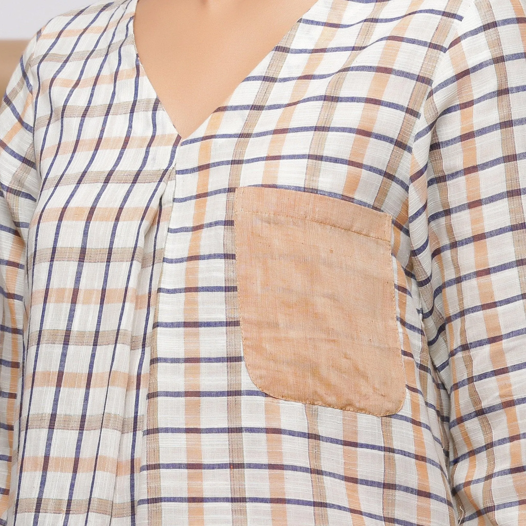 Beige Checks Yarn Dyed Cotton V-Neck Full Sleeve Tunic Top