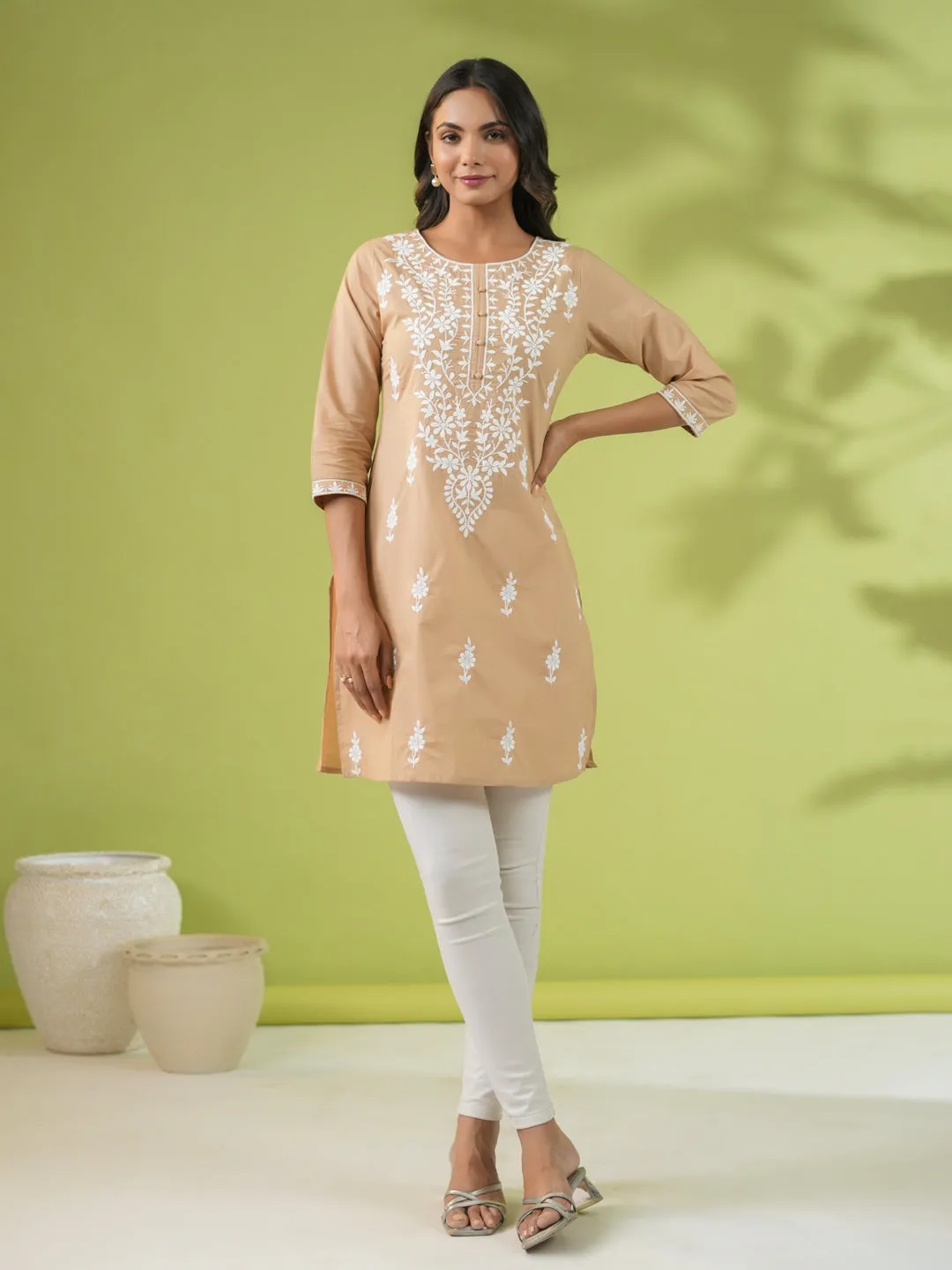 Beige Cotton Chikankari Tunic  - By Janasya