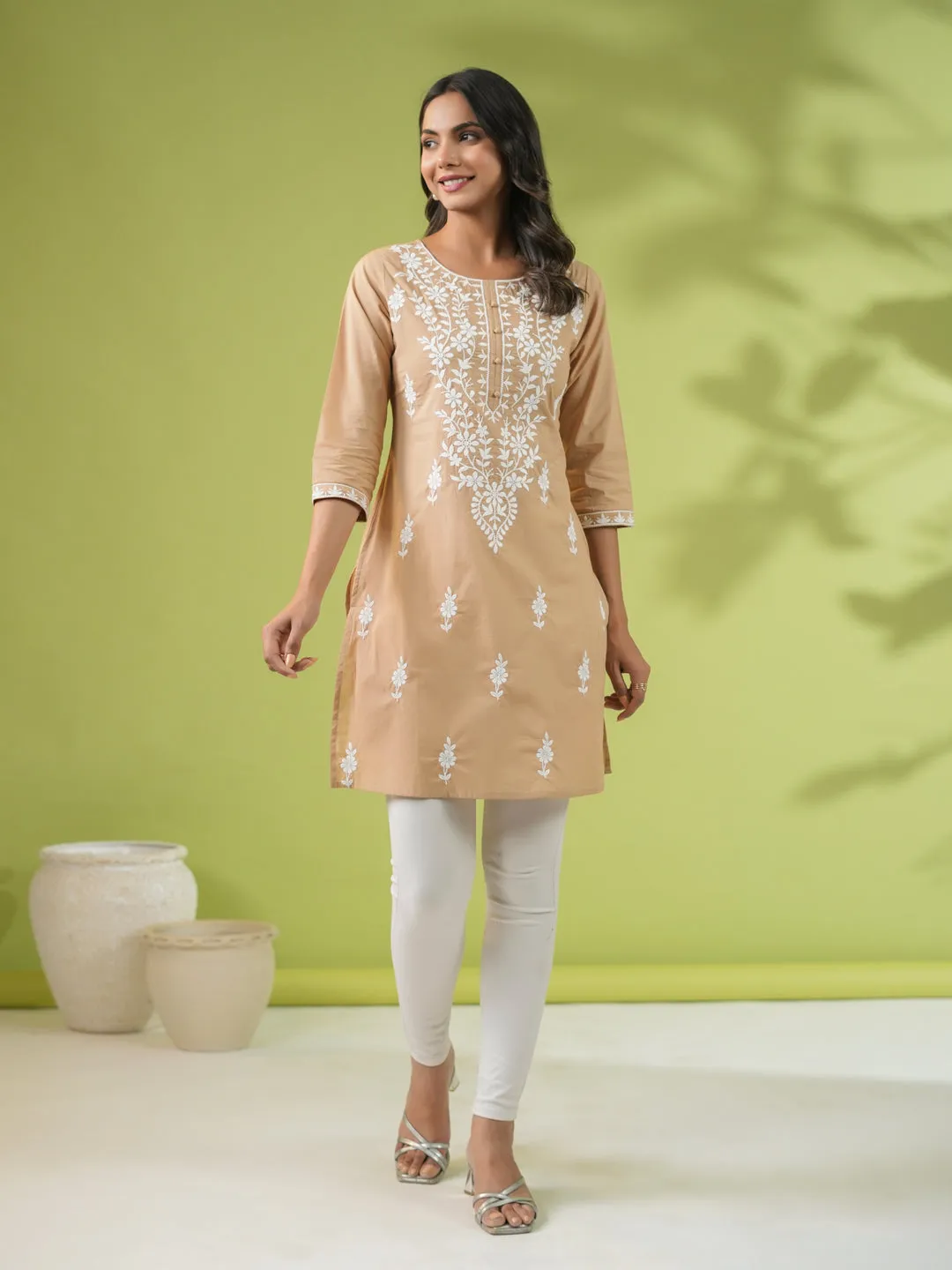 Beige Cotton Chikankari Tunic  - By Janasya