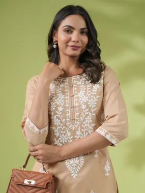 Beige Cotton Chikankari Tunic  - By Janasya