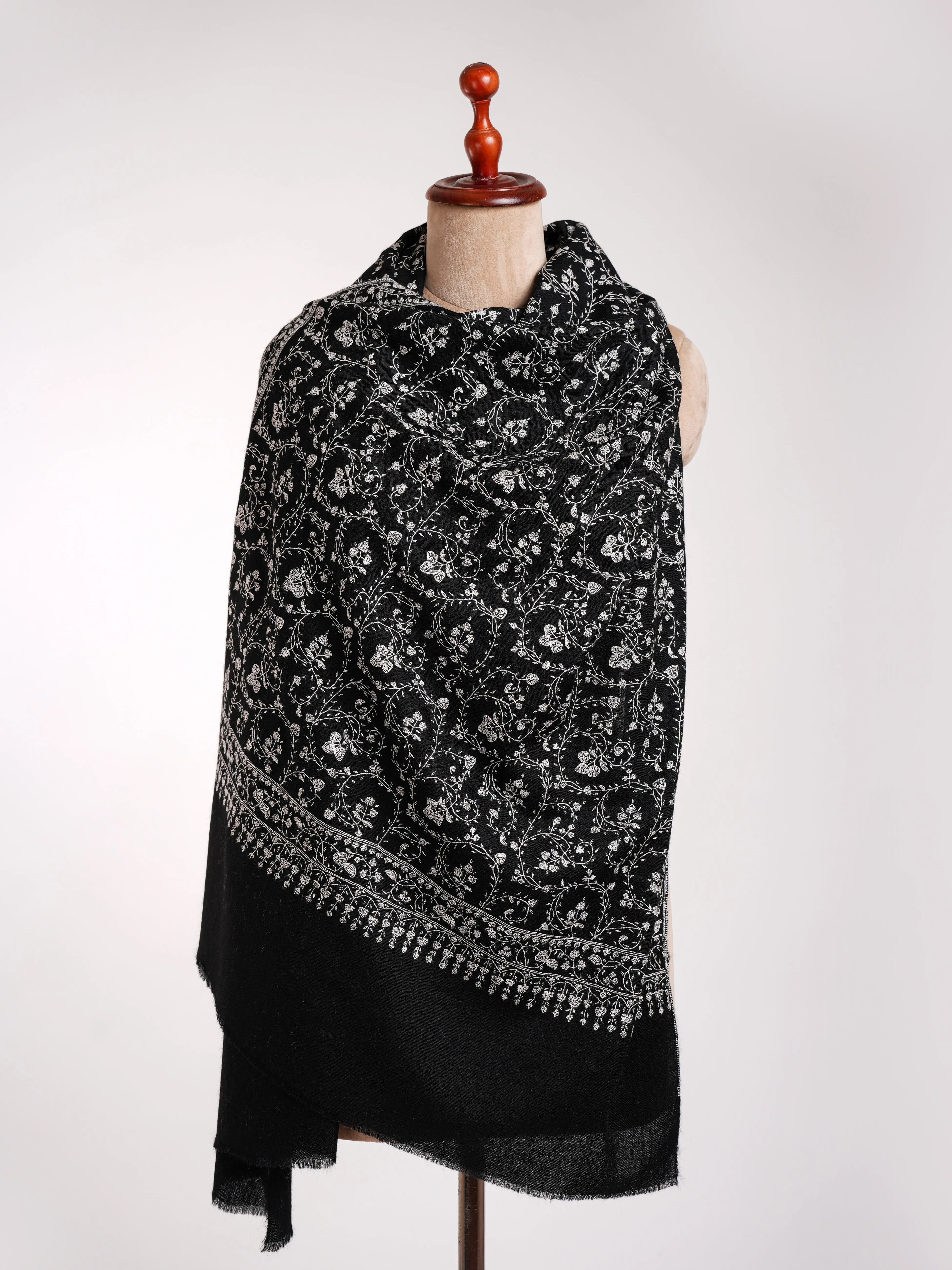 Black Cashmere Stole with Grey Sozni Embroidery