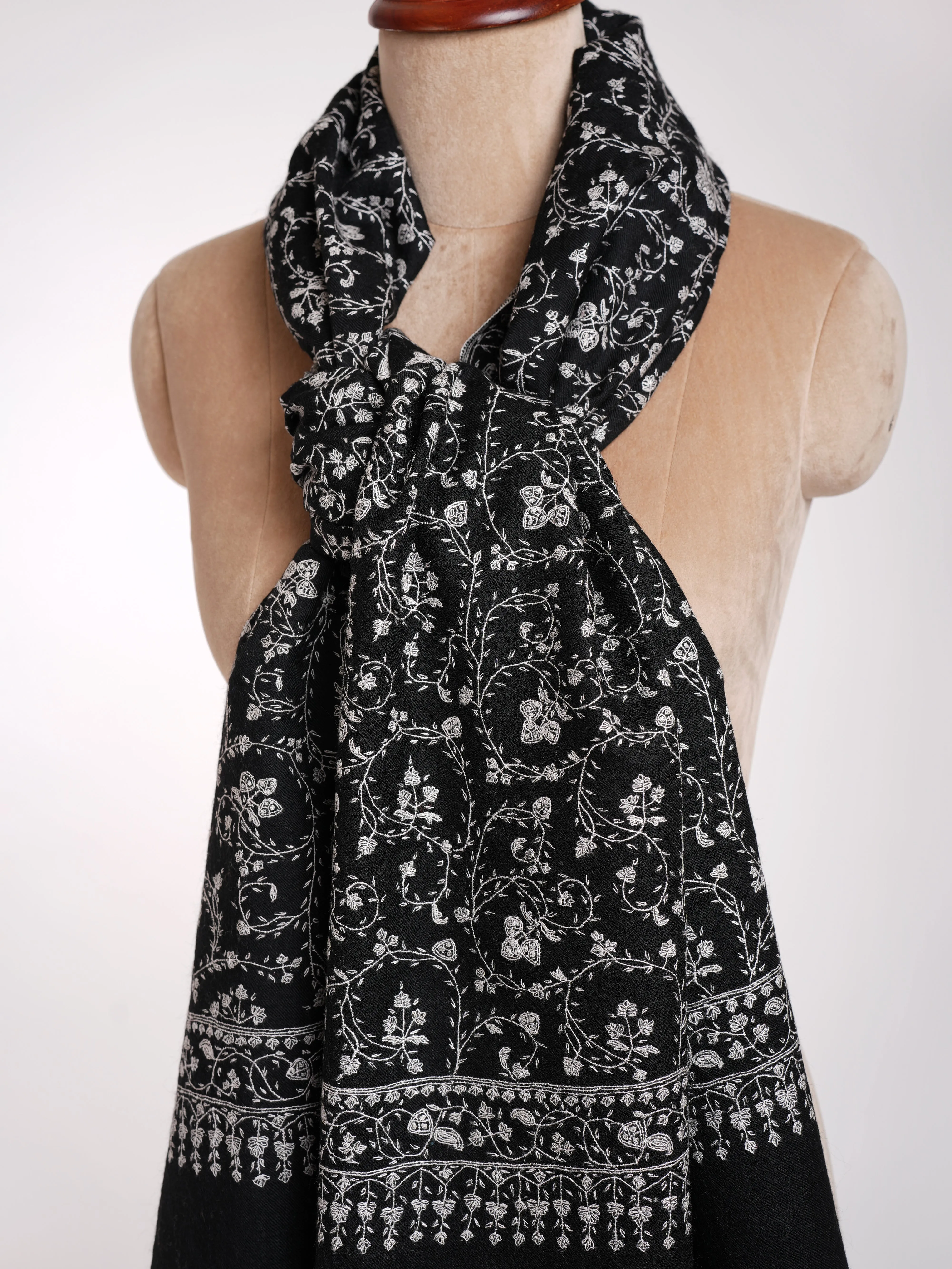 Black Cashmere Stole with Grey Sozni Embroidery