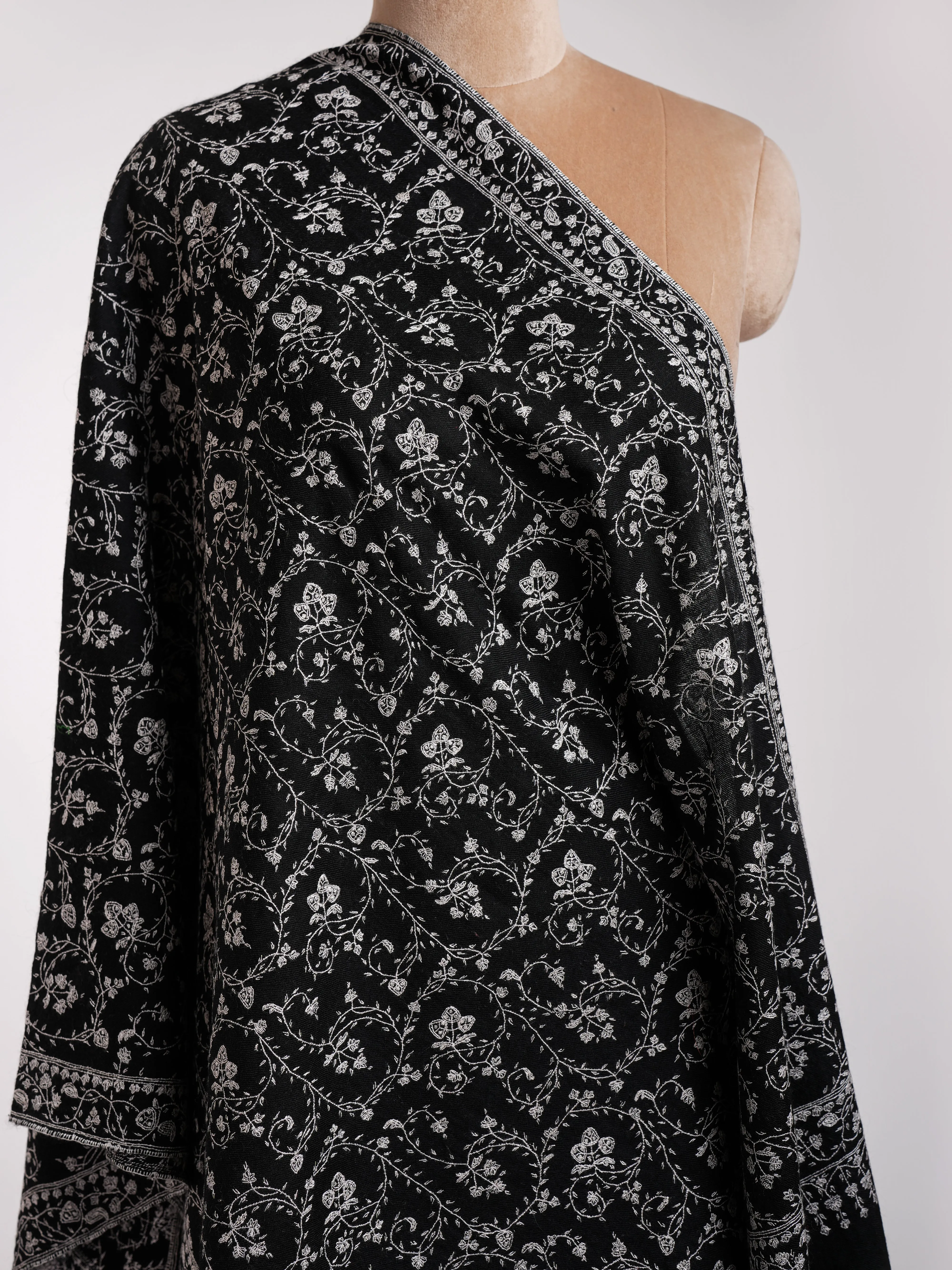 Black Cashmere Stole with Grey Sozni Embroidery
