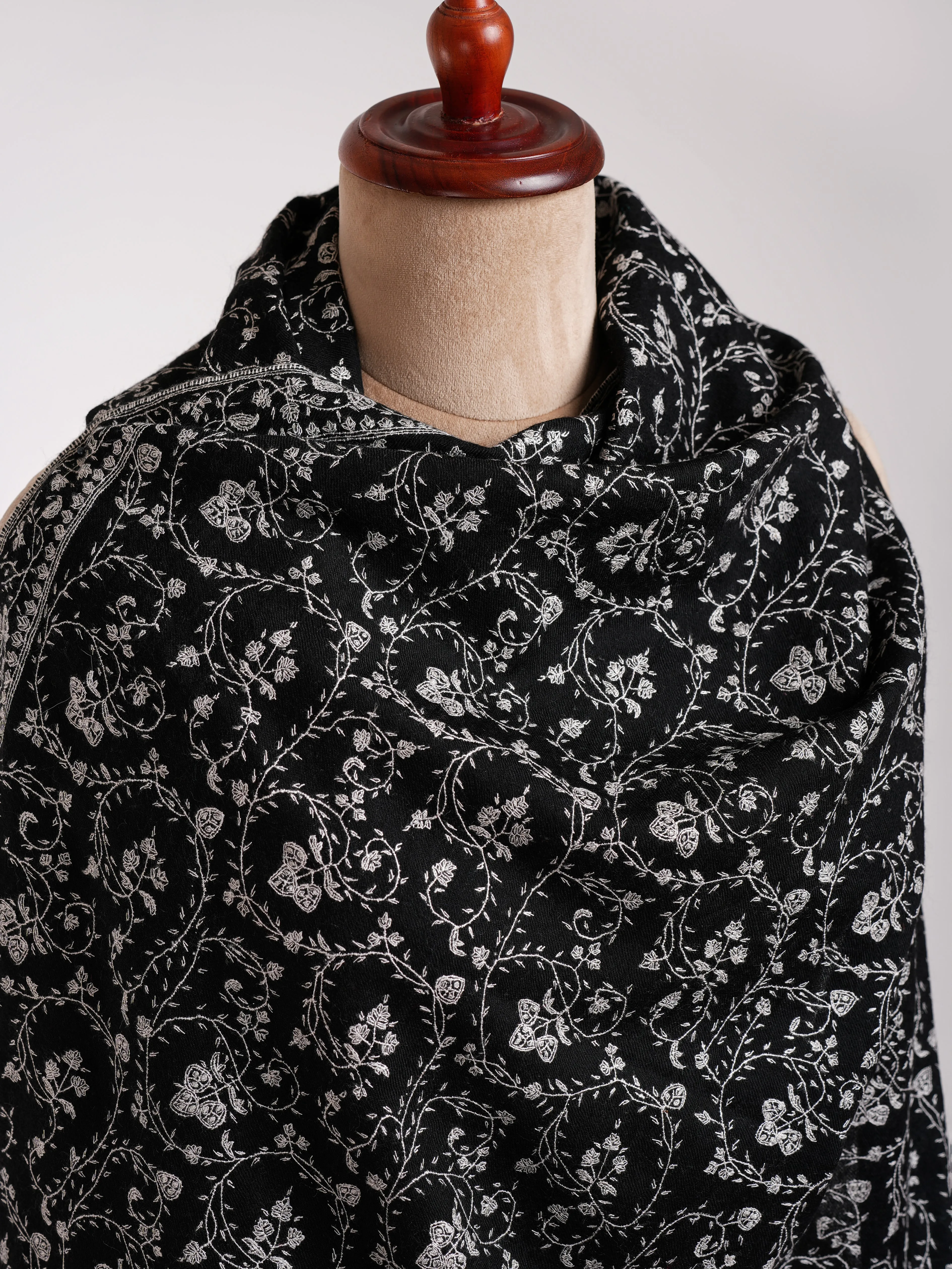 Black Cashmere Stole with Grey Sozni Embroidery