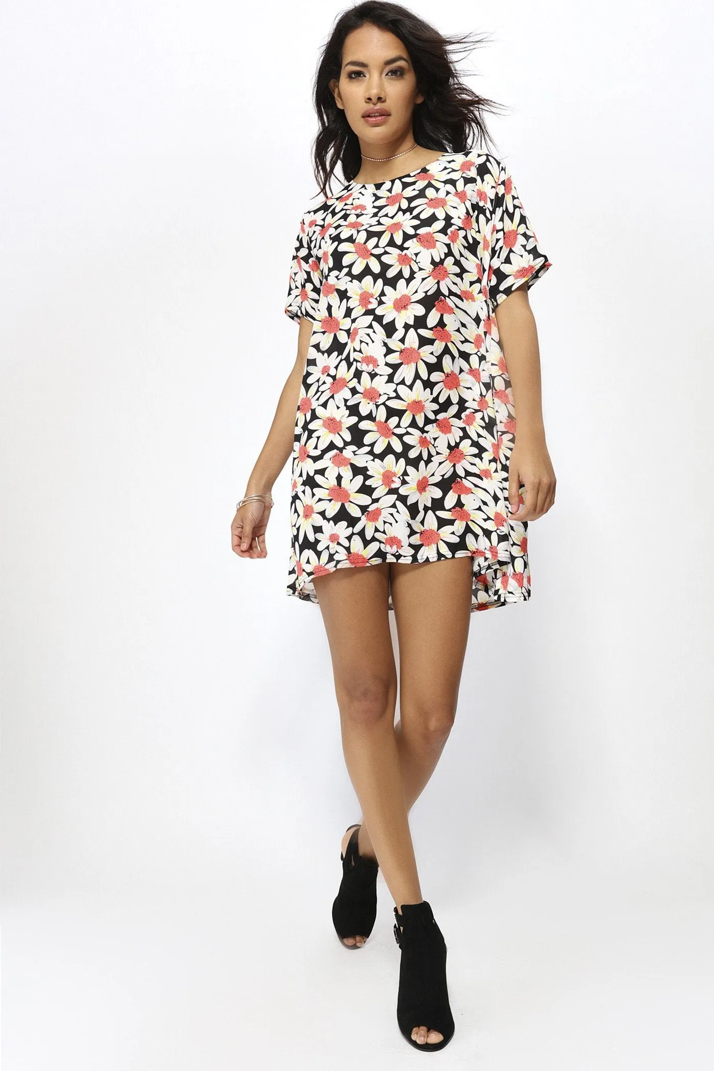 Black Daisy Print Tunic Dress