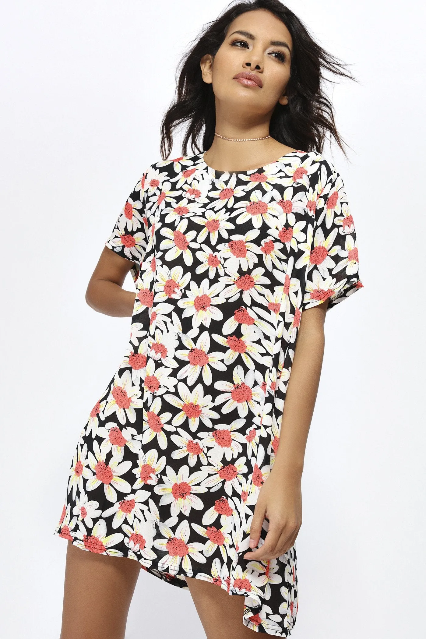 Black Daisy Print Tunic Dress