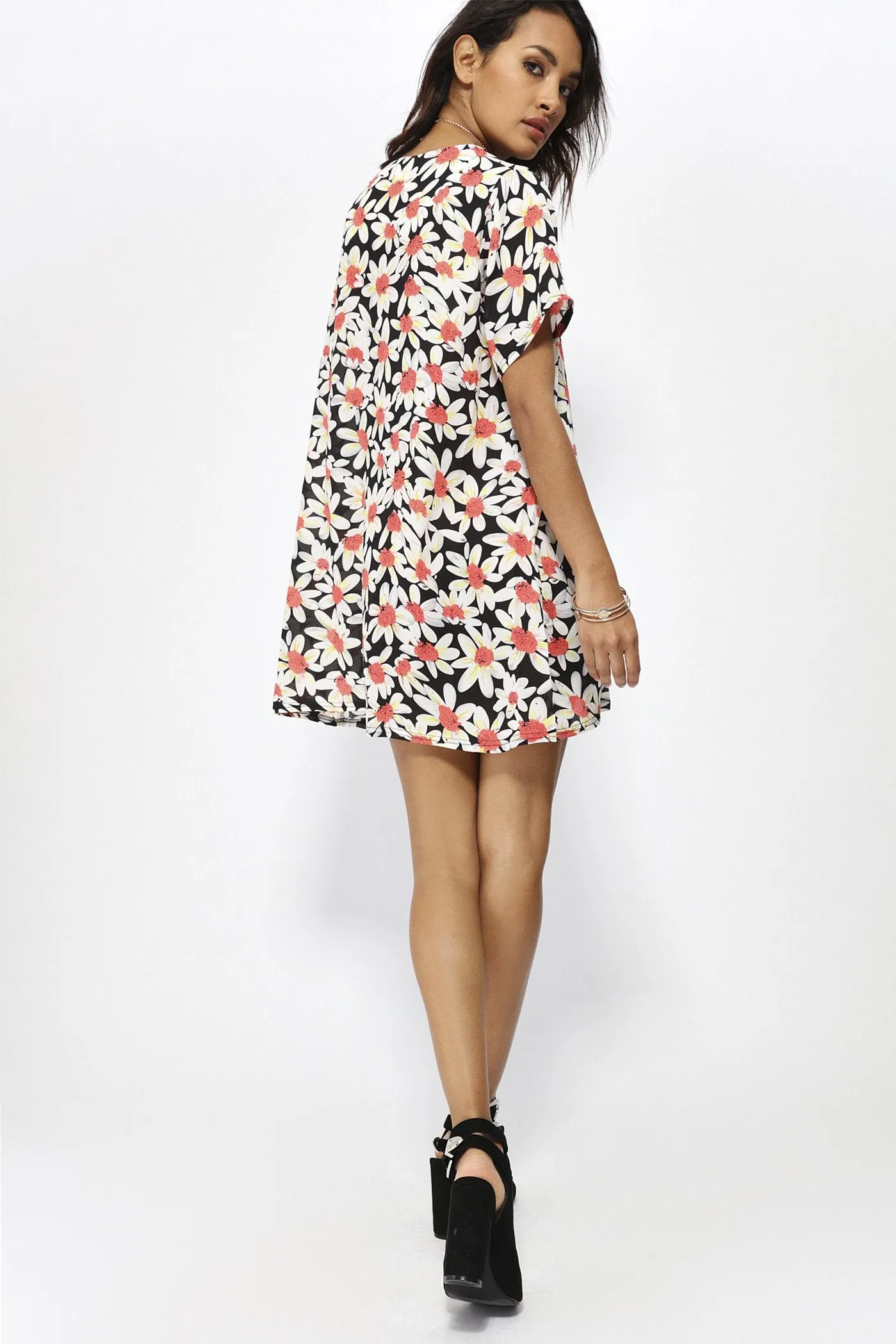 Black Daisy Print Tunic Dress