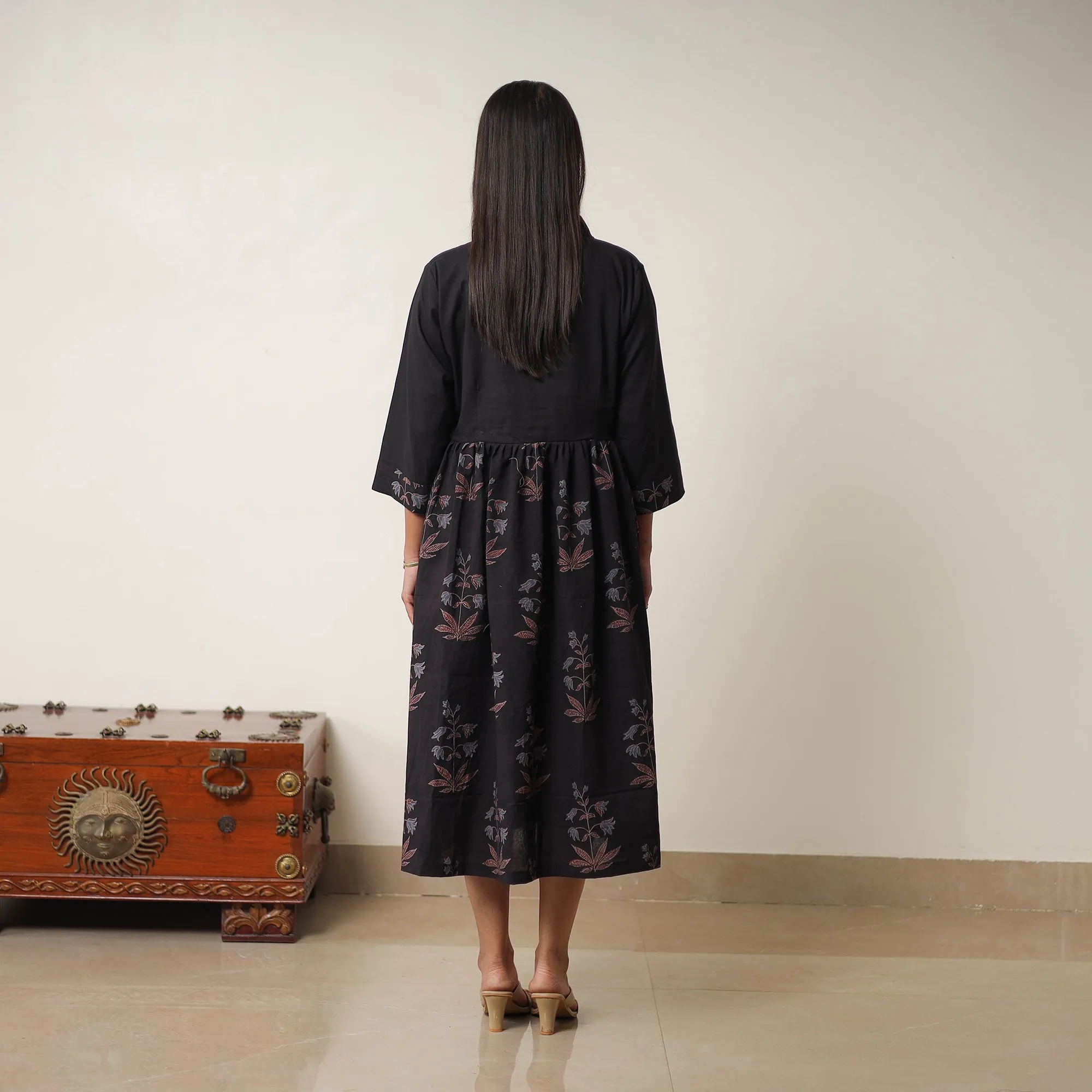 Black - Hand Block Print Cotton Flared Gher Ajrakh Dress 03