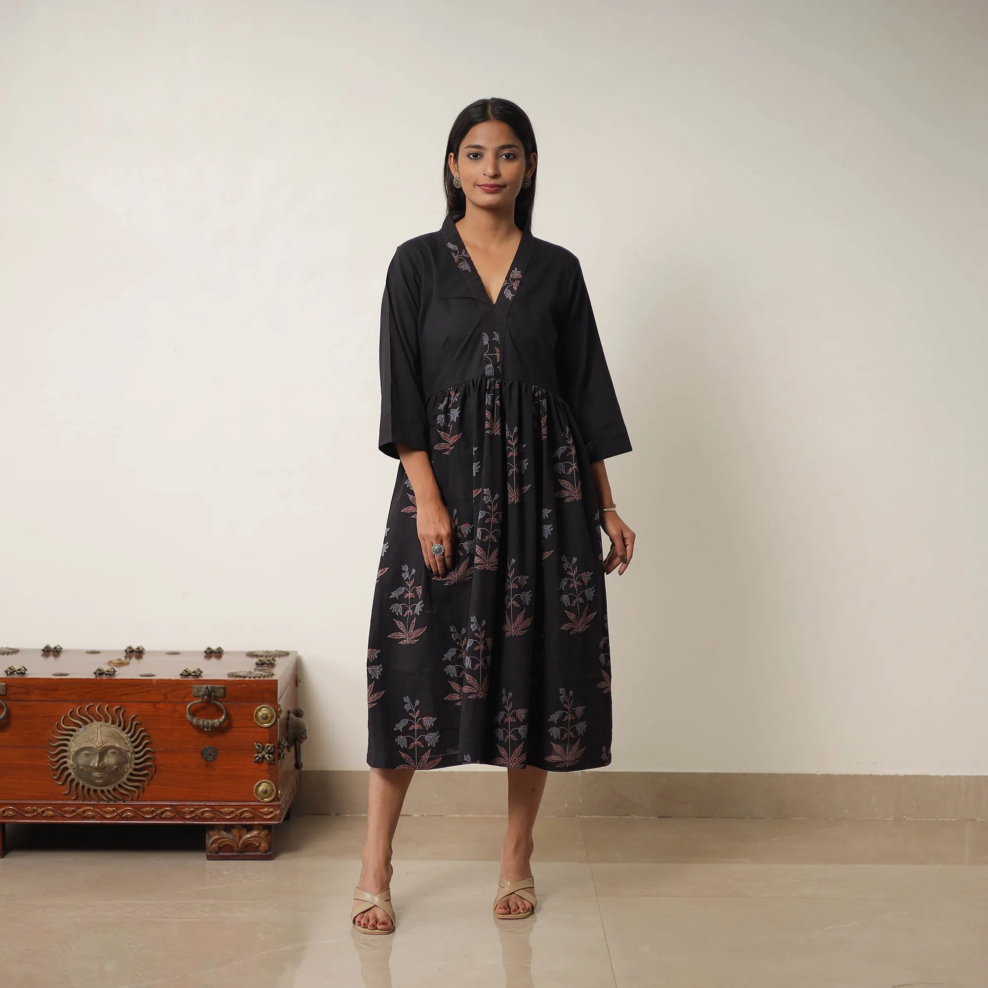 Black - Hand Block Print Cotton Flared Gher Ajrakh Dress 03