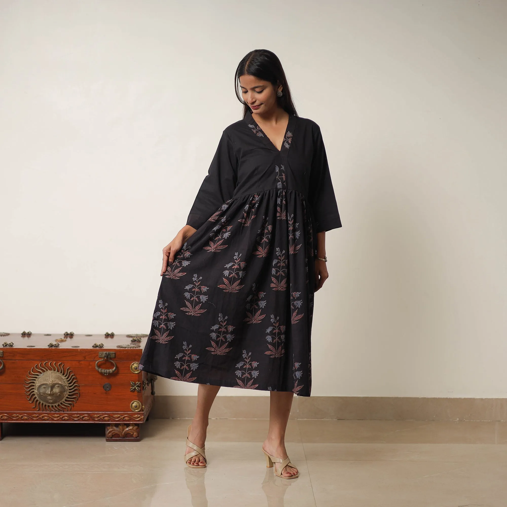 Black - Hand Block Print Cotton Flared Gher Ajrakh Dress 03