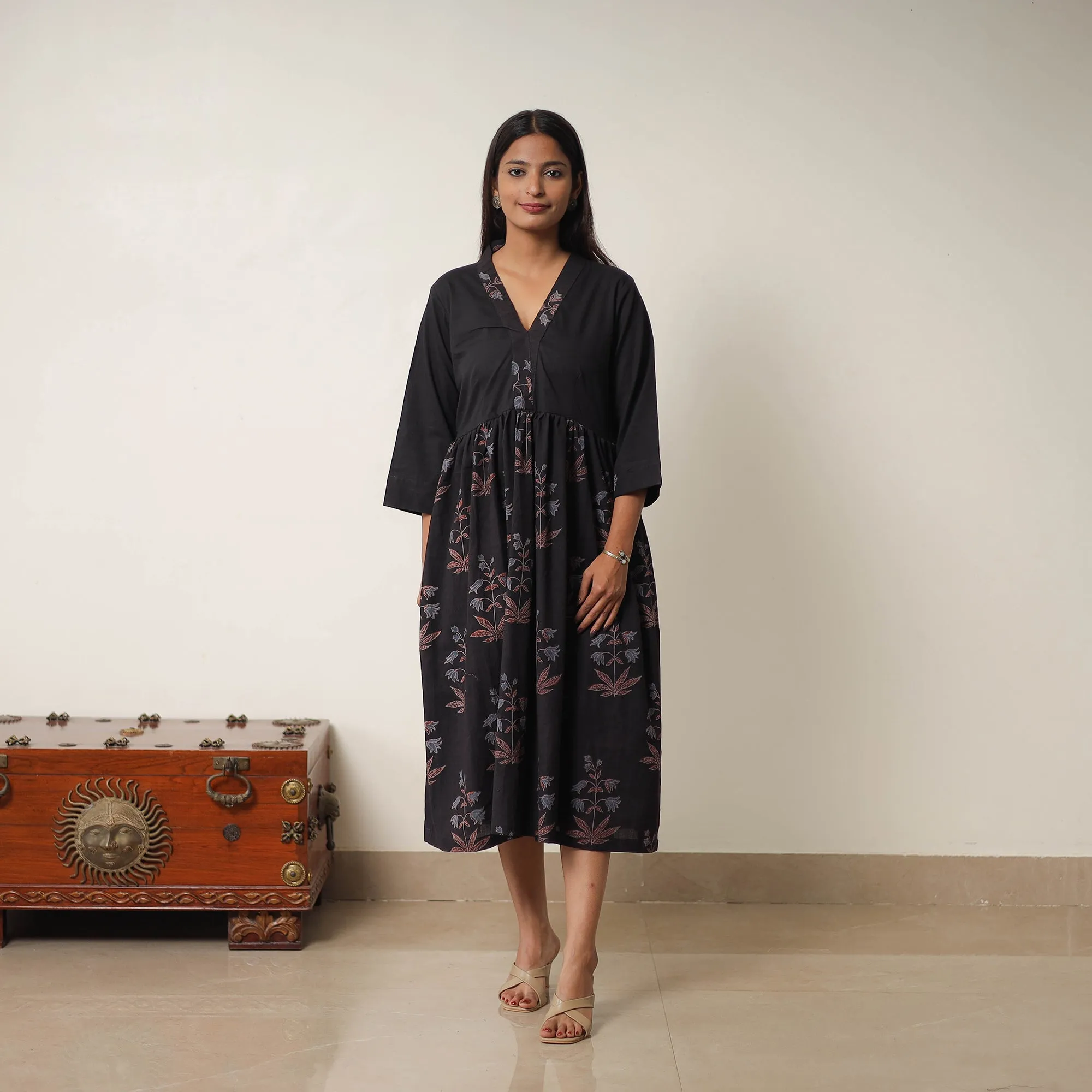 Black - Hand Block Print Cotton Flared Gher Ajrakh Dress 03