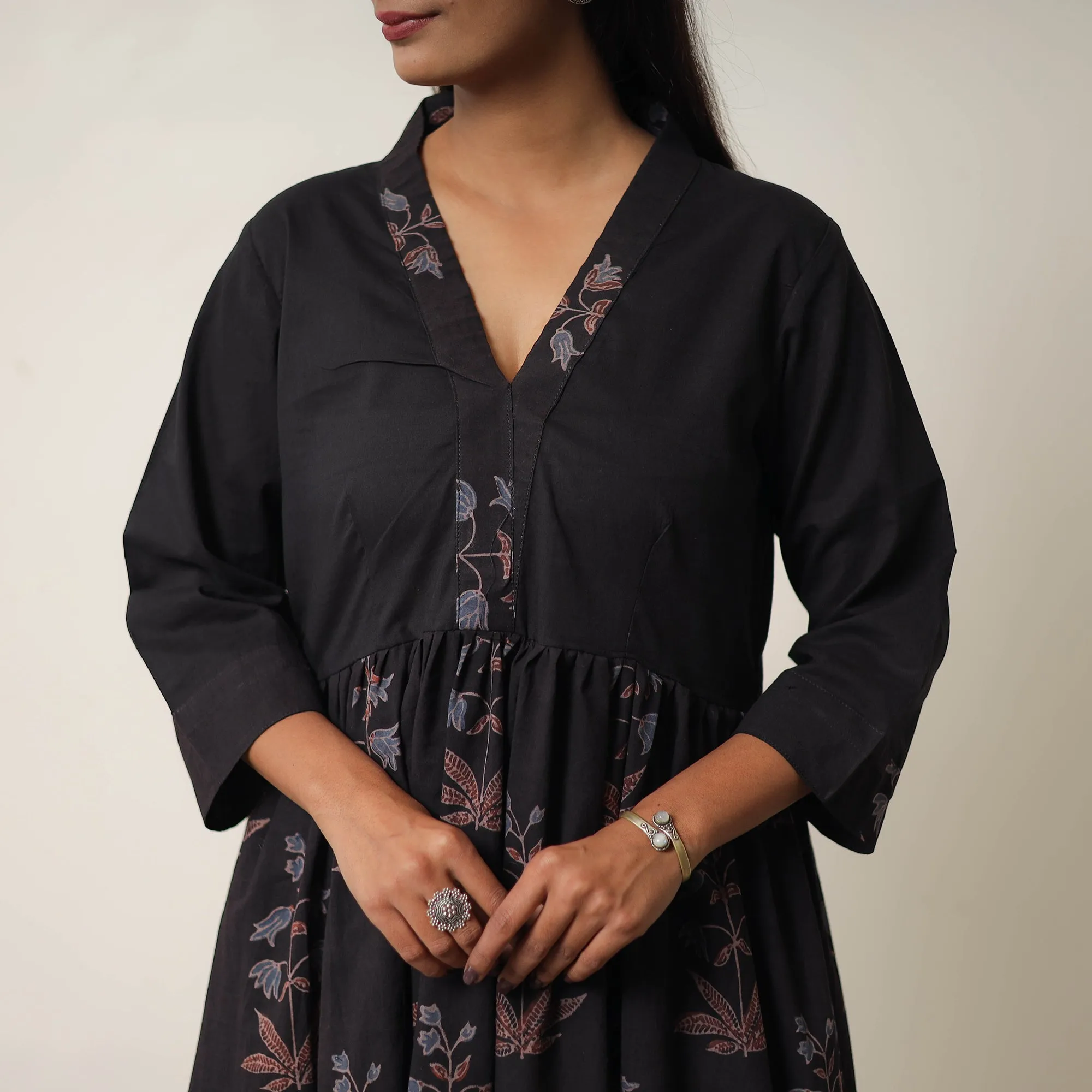 Black - Hand Block Print Cotton Flared Gher Ajrakh Dress 03