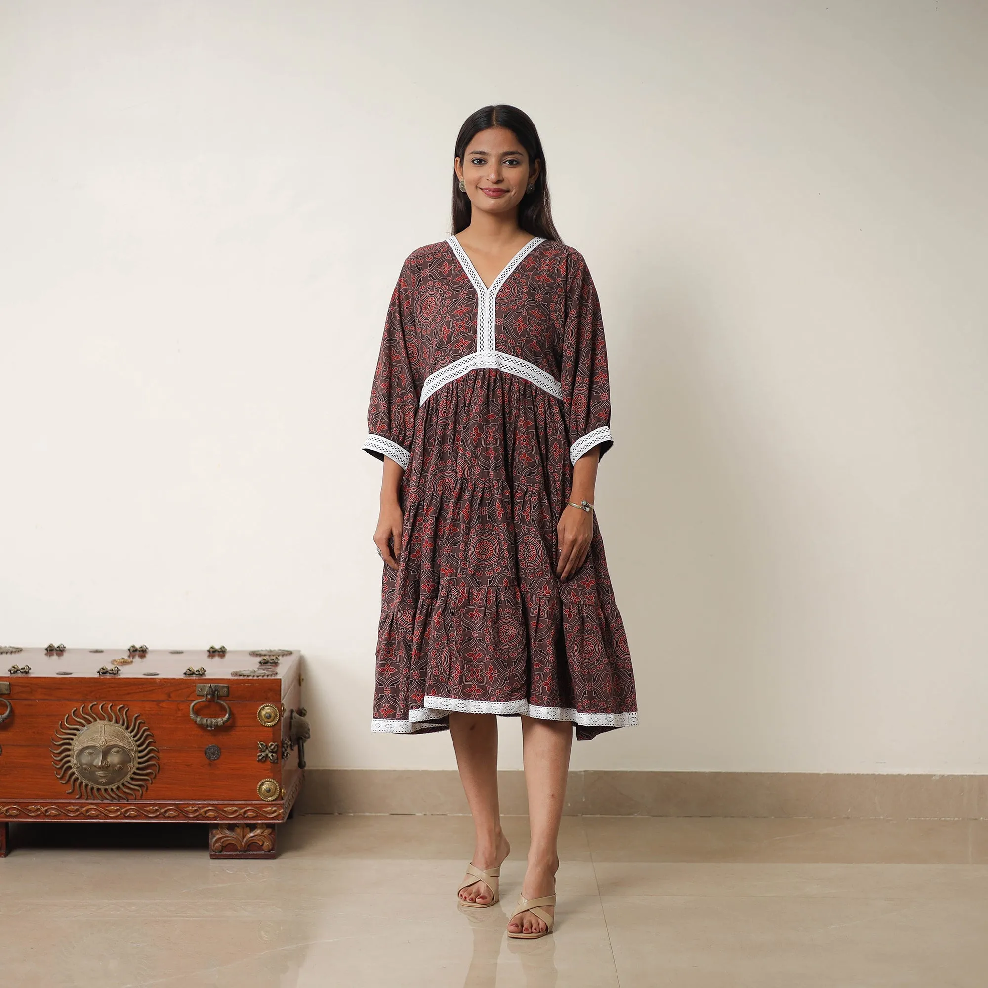 Brown - Hand Block Print Cotton Tiered Ajrakh Dress 20