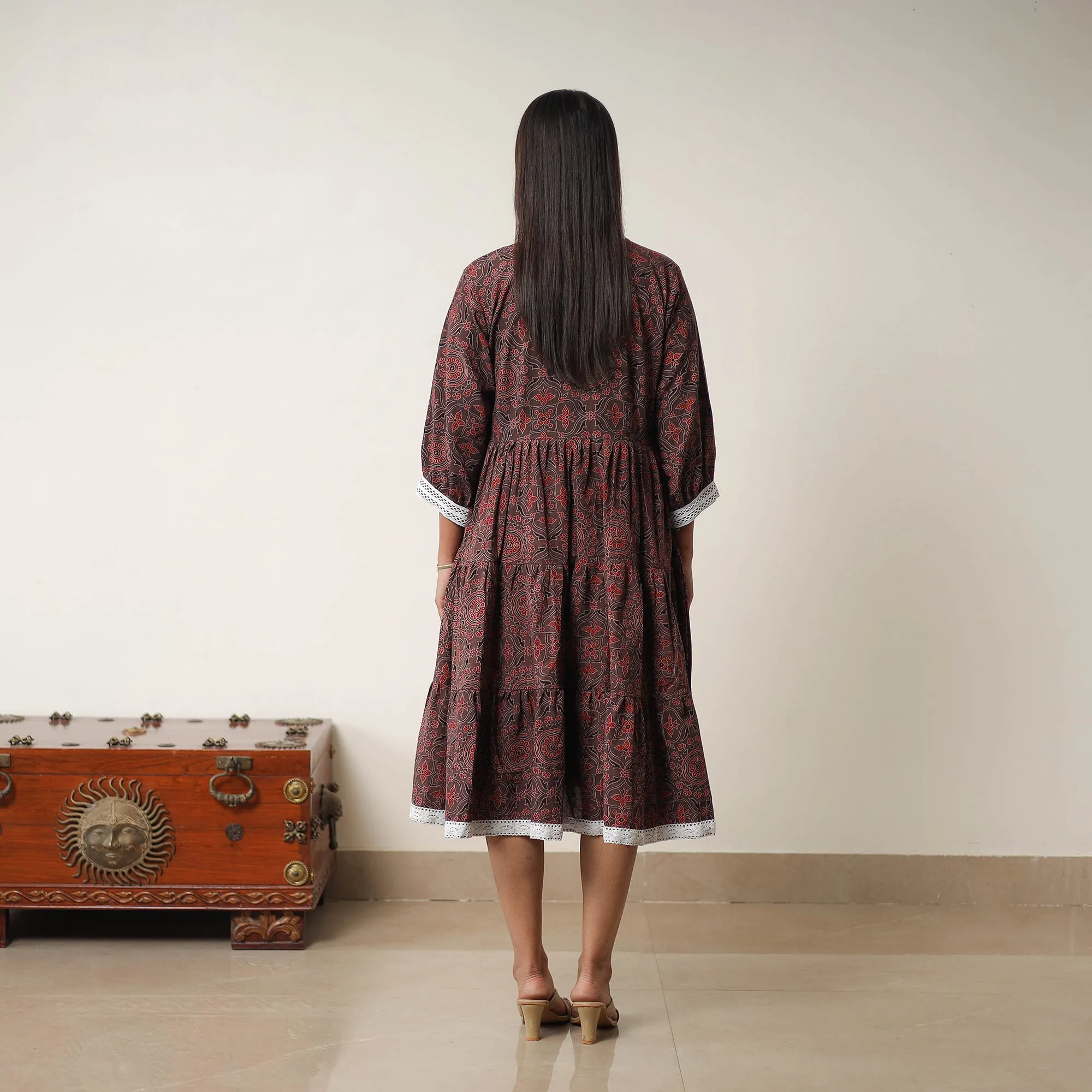 Brown - Hand Block Print Cotton Tiered Ajrakh Dress 20