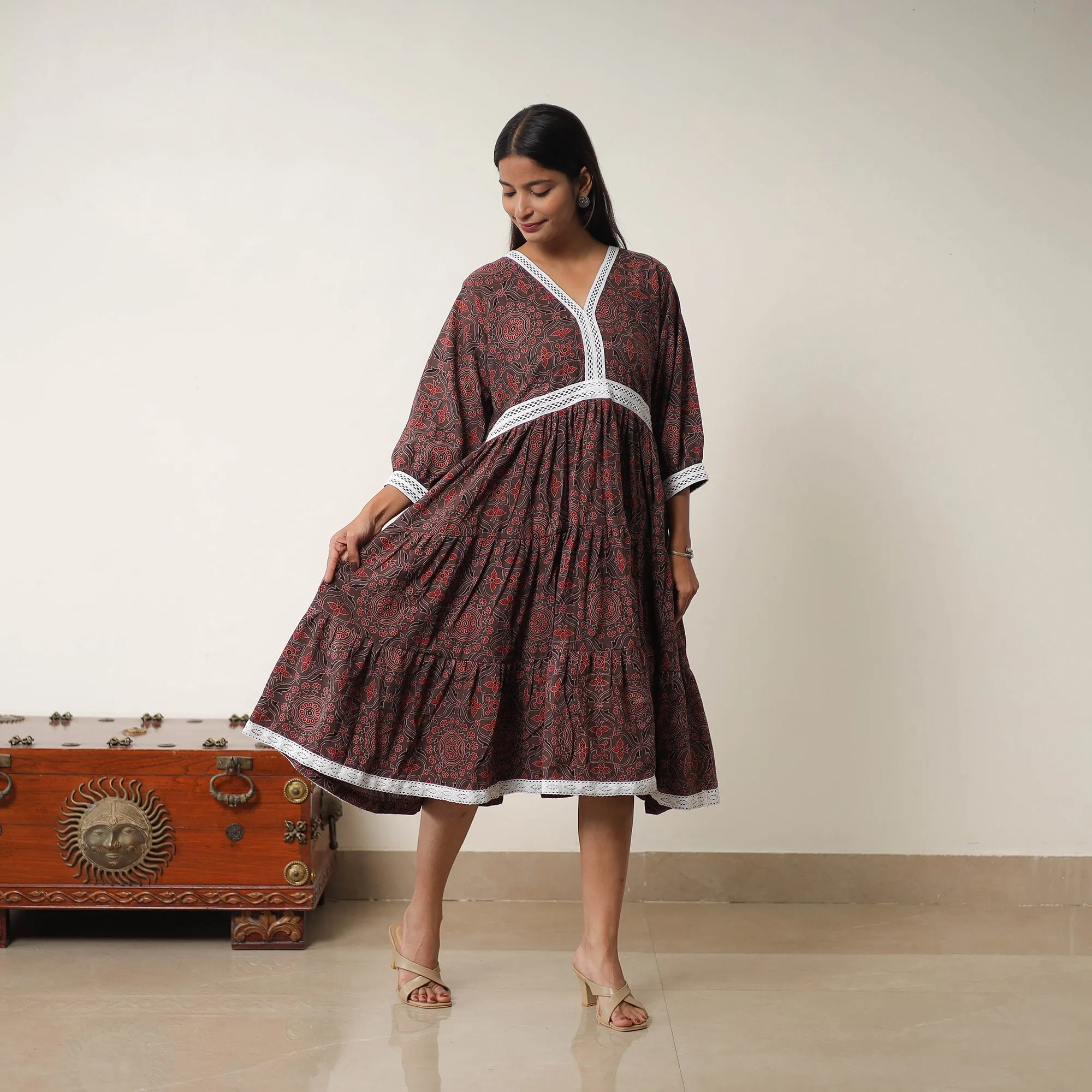 Brown - Hand Block Print Cotton Tiered Ajrakh Dress 20