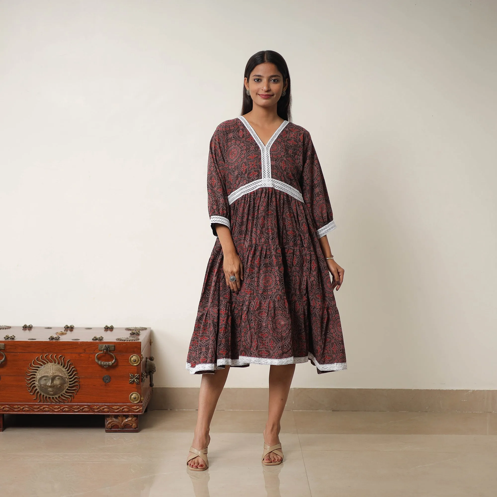 Brown - Hand Block Print Cotton Tiered Ajrakh Dress 20