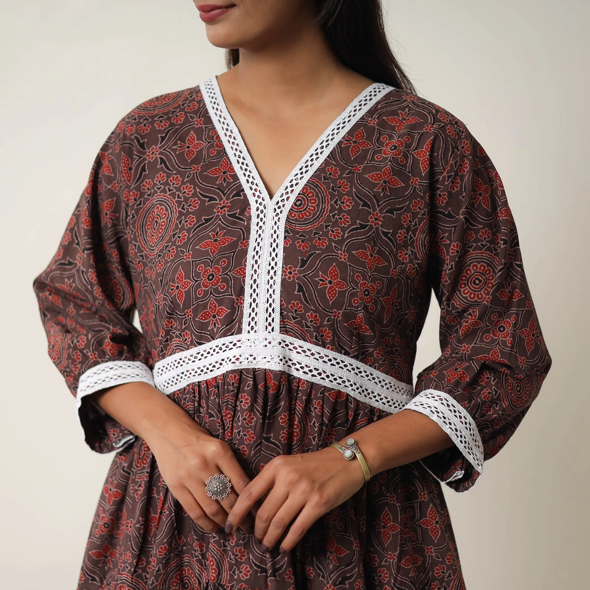 Brown - Hand Block Print Cotton Tiered Ajrakh Dress 20