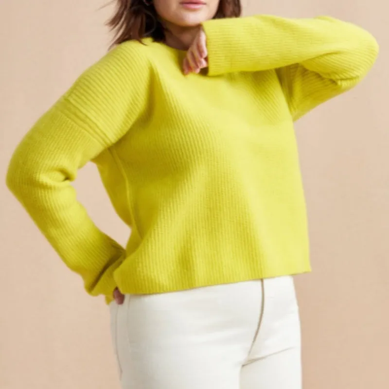 Custom O-neck Women’s Knitted Sweater - Bright Yellow Ribbed Knit