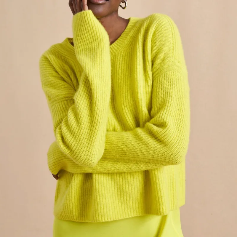 Custom O-neck Women’s Knitted Sweater - Bright Yellow Ribbed Knit