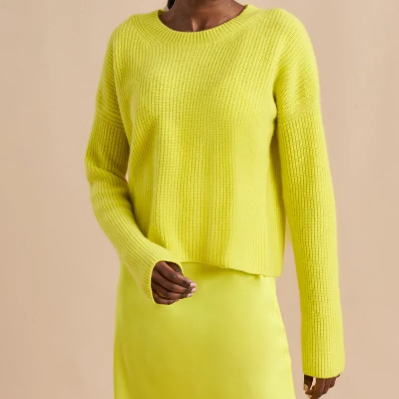 Custom O-neck Women’s Knitted Sweater - Bright Yellow Ribbed Knit