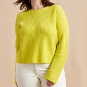 Custom O-neck Women’s Knitted Sweater - Bright Yellow Ribbed Knit