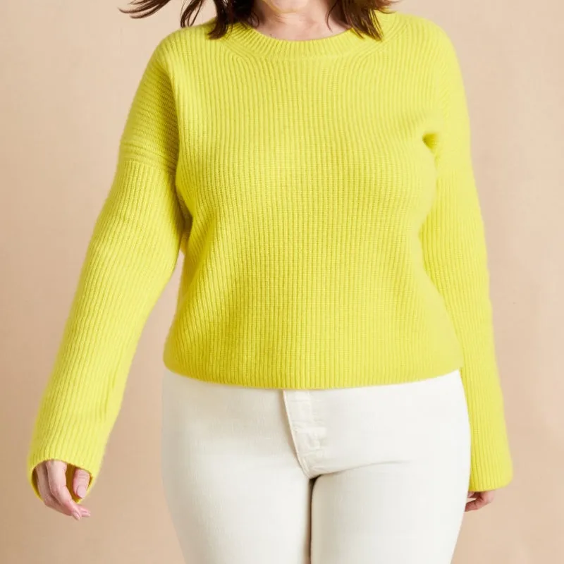 Custom O-neck Women’s Knitted Sweater - Bright Yellow Ribbed Knit