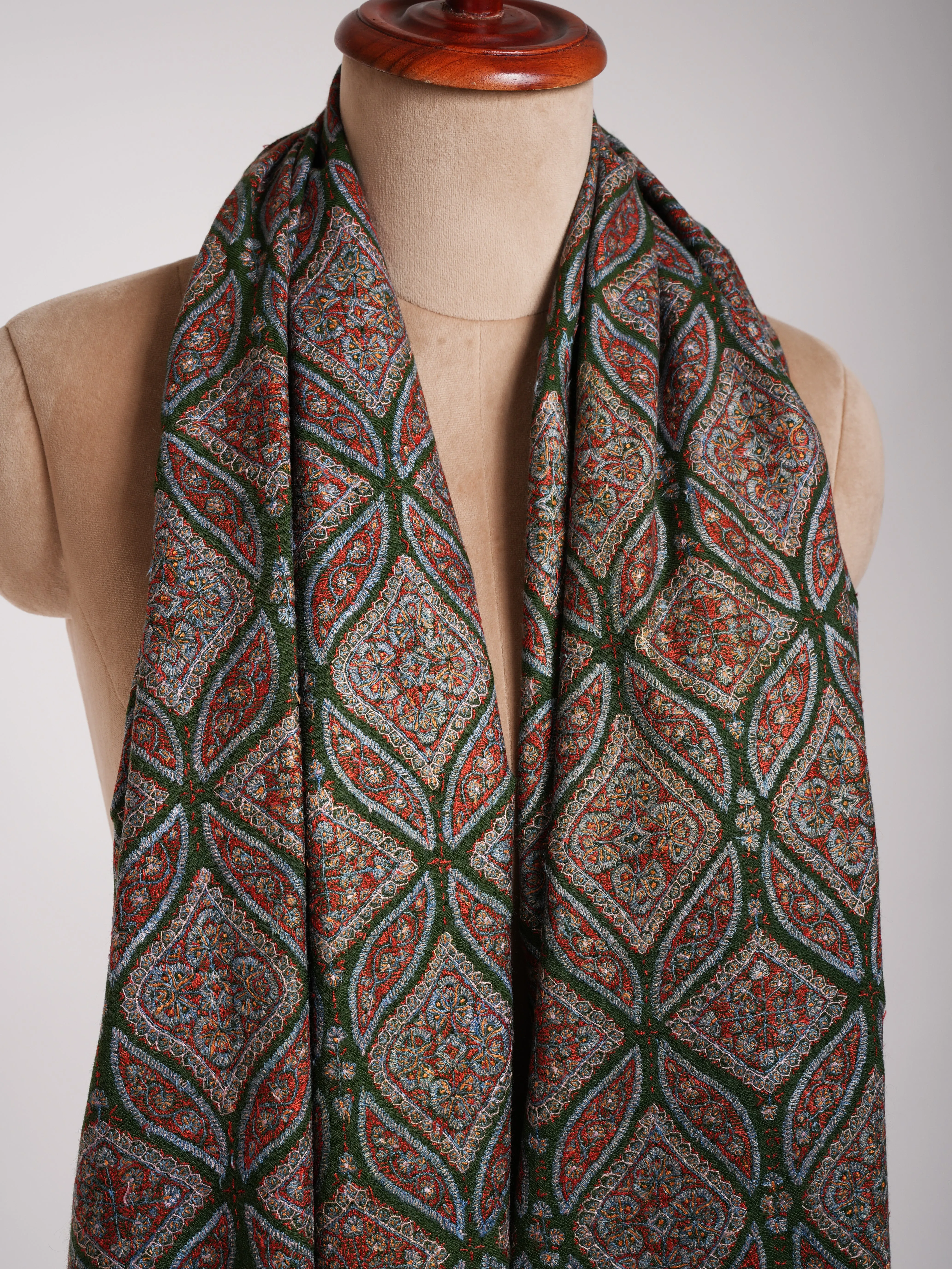 Dark Green Sozni Embroidered Pashmina Jamavar Shawl