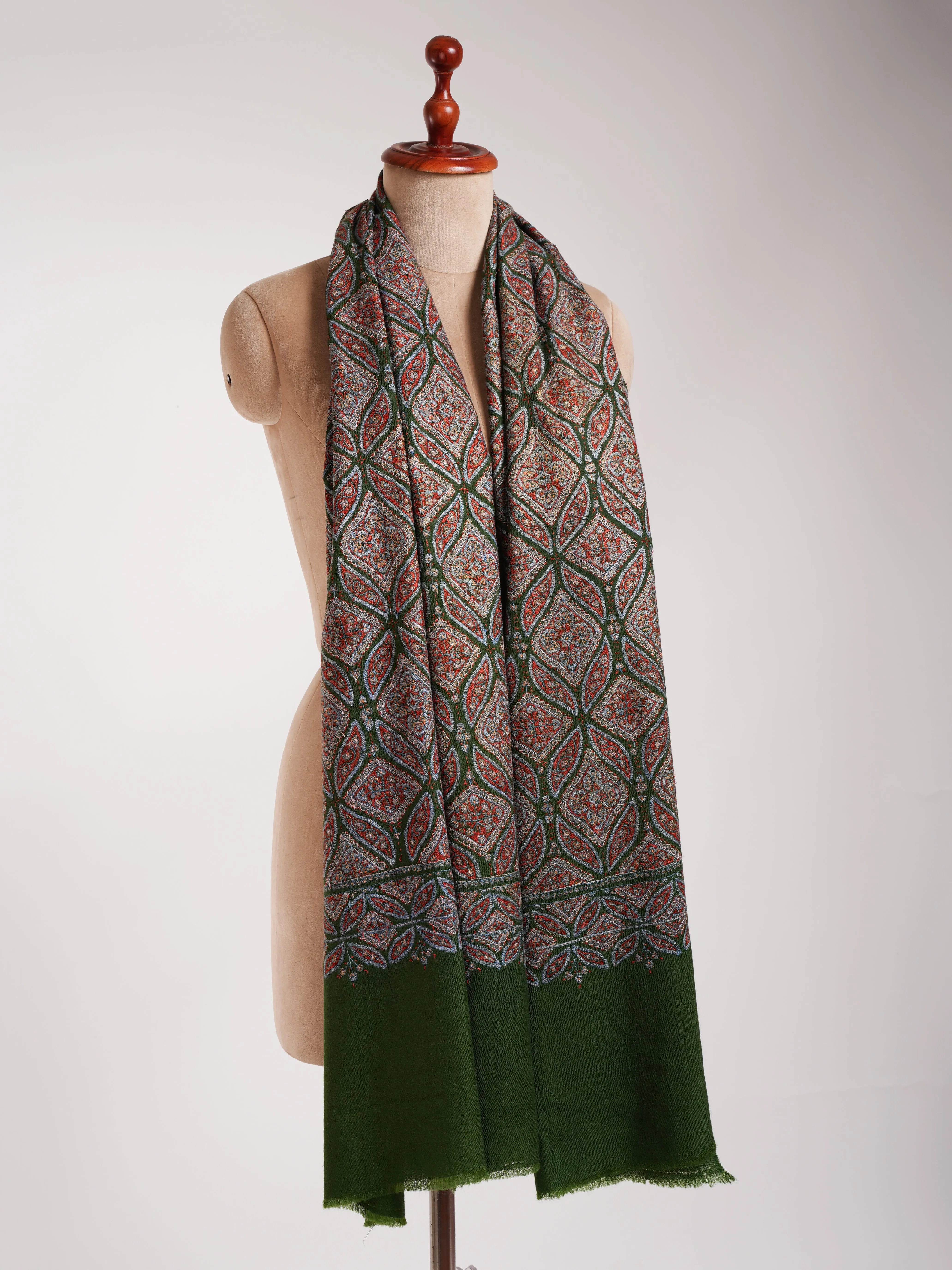 Dark Green Sozni Embroidered Pashmina Jamavar Shawl