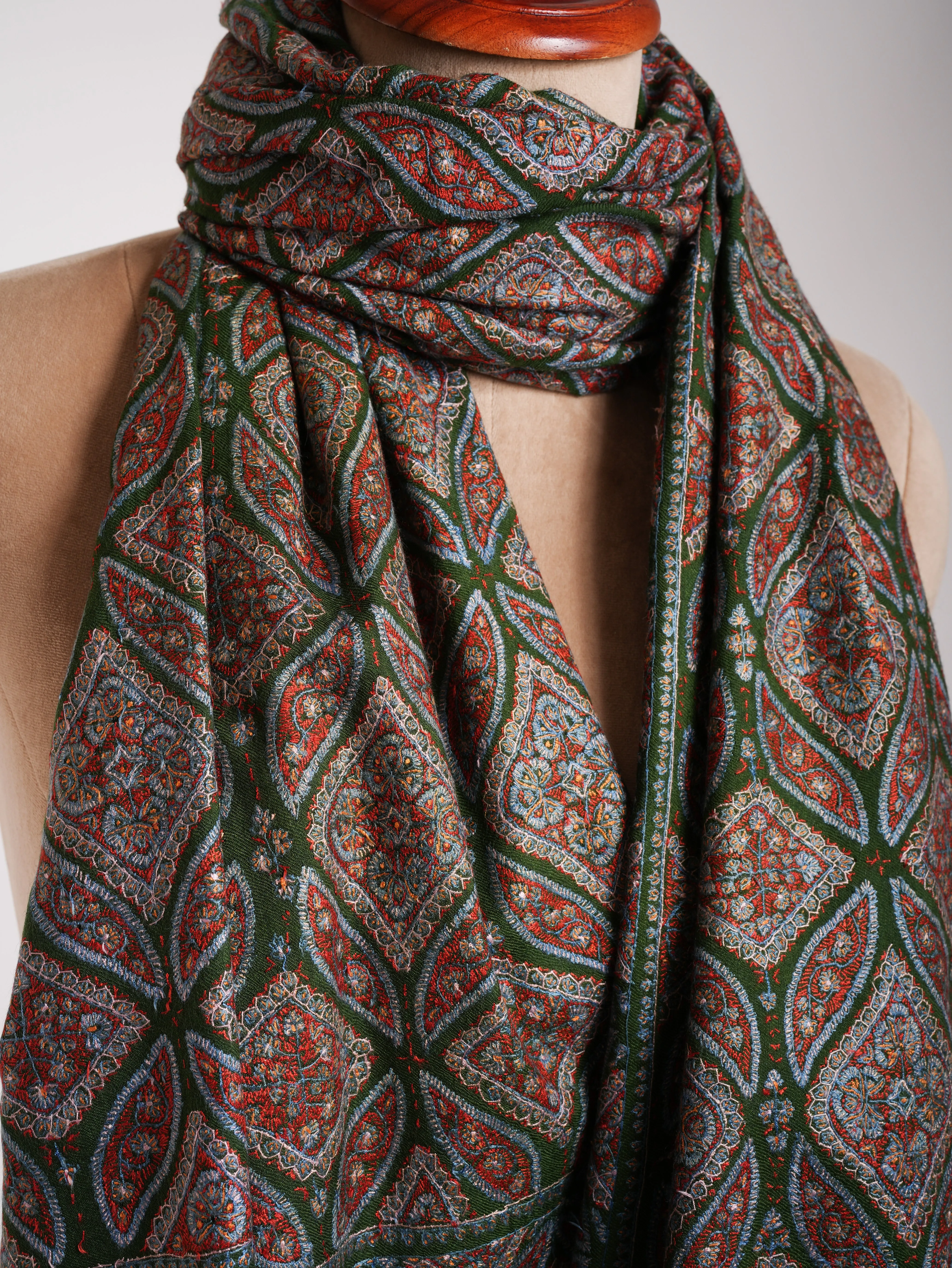 Dark Green Sozni Embroidered Pashmina Jamavar Shawl