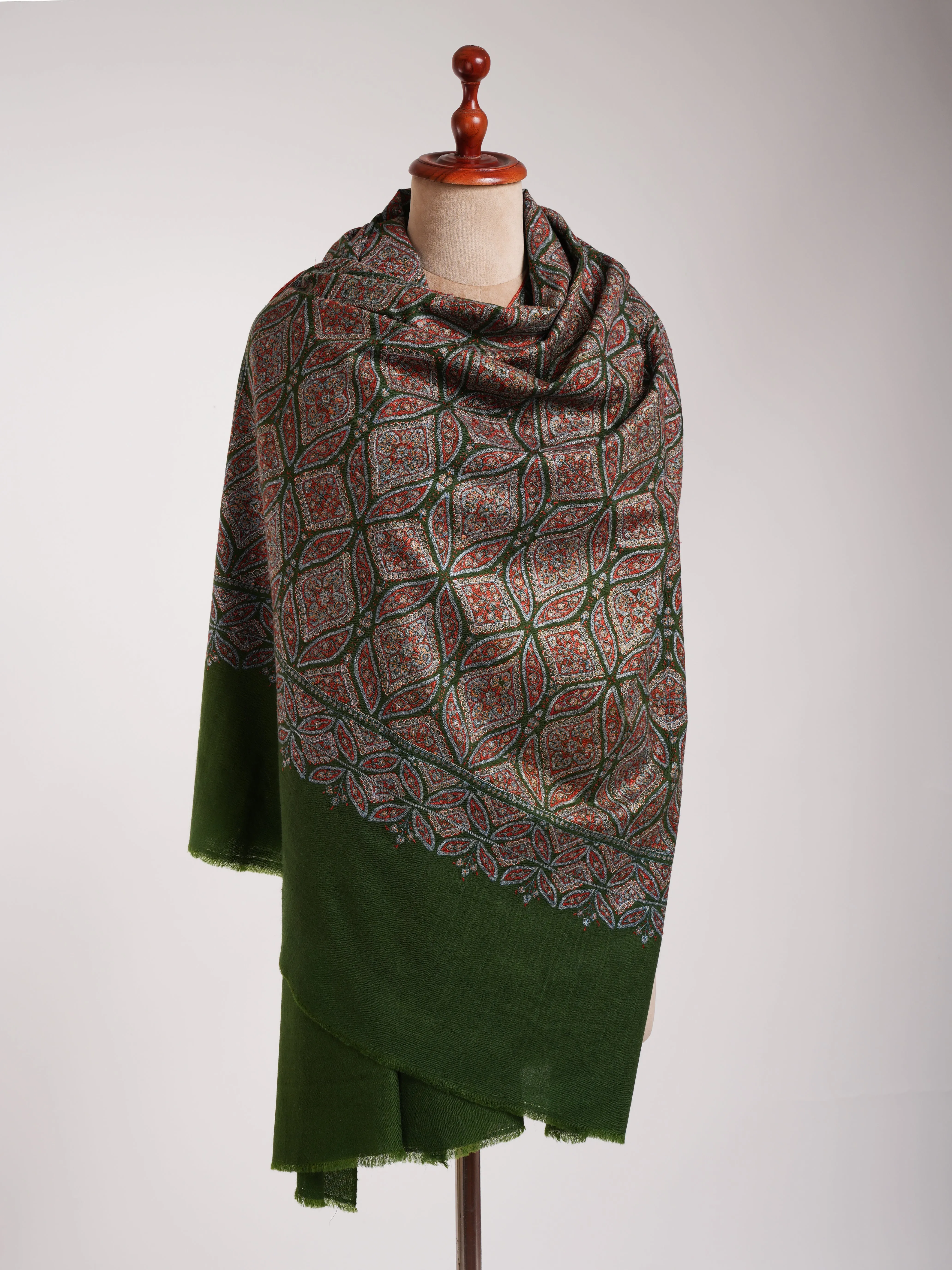Dark Green Sozni Embroidered Pashmina Jamavar Shawl