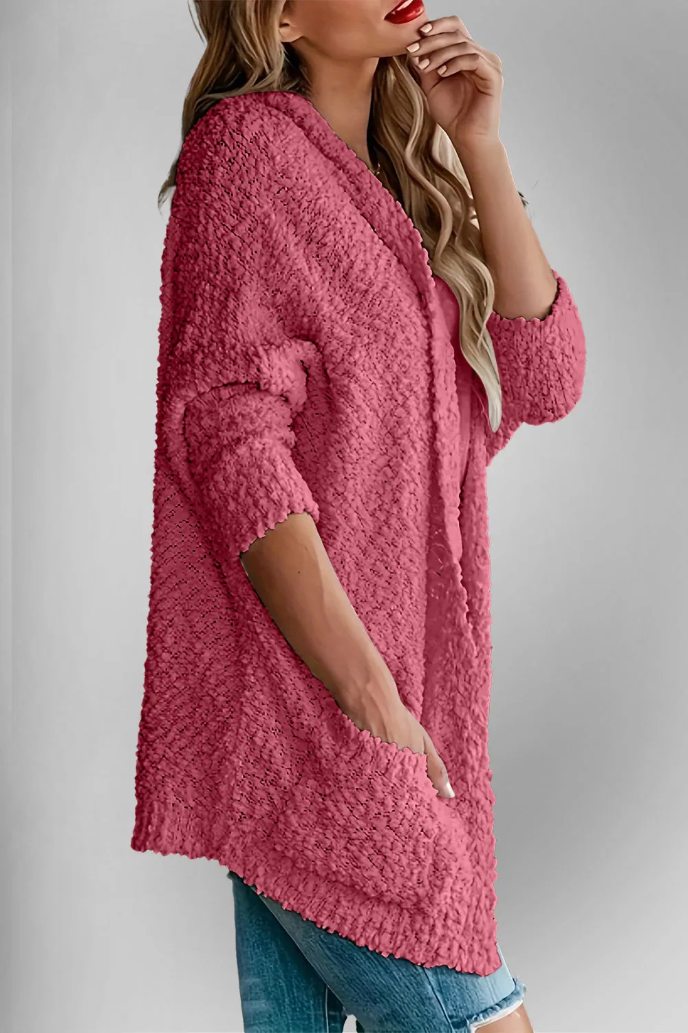 Double Take Pocketed Open Front Long Sleeve Cardigan Sweater