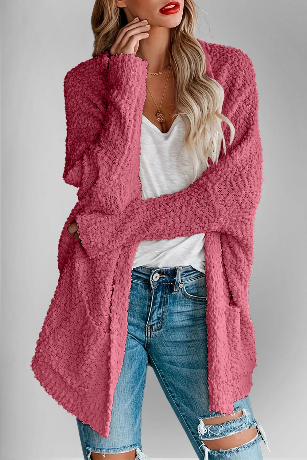 Double Take Pocketed Open Front Long Sleeve Cardigan Sweater