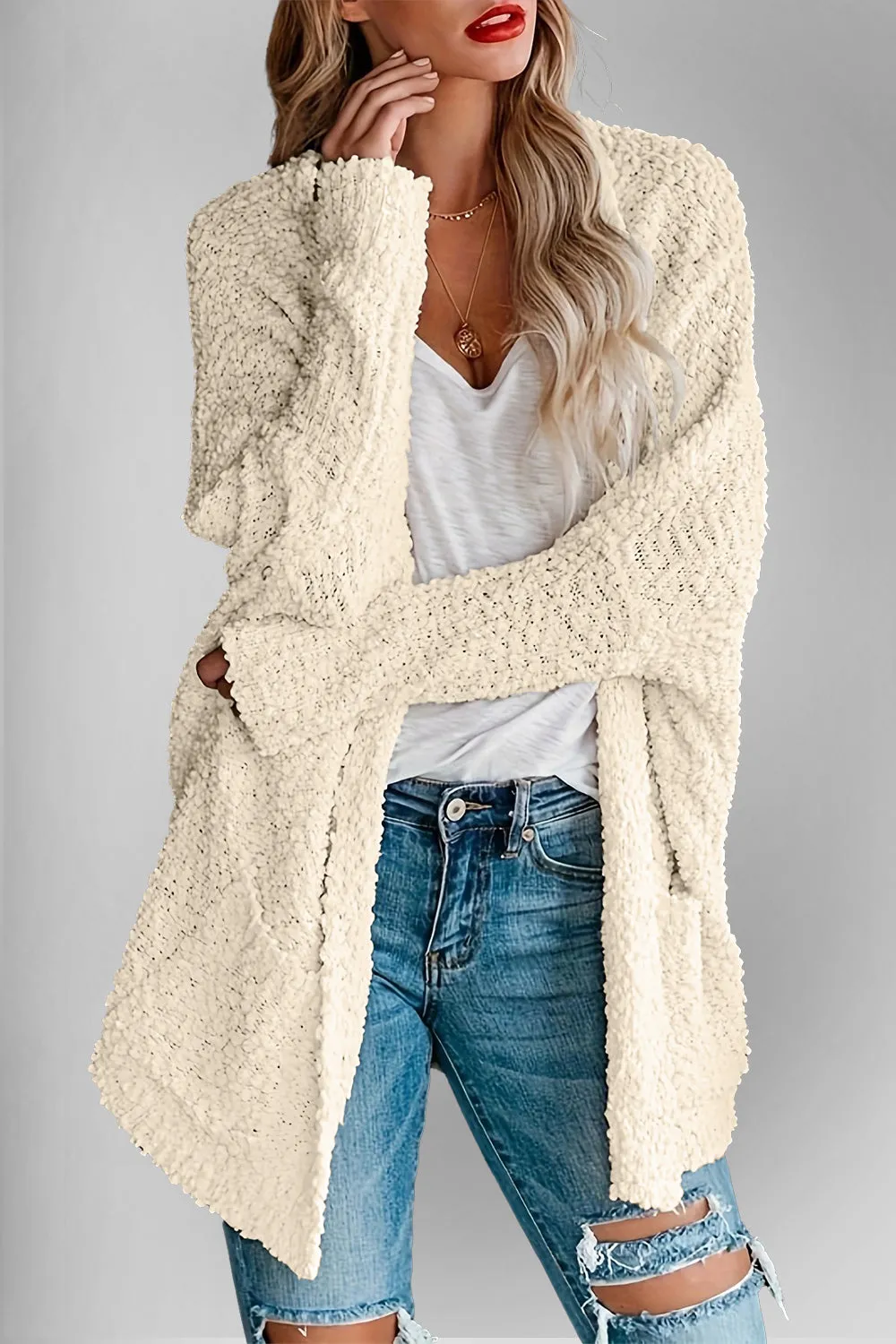 Double Take Pocketed Open Front Long Sleeve Cardigan Sweater