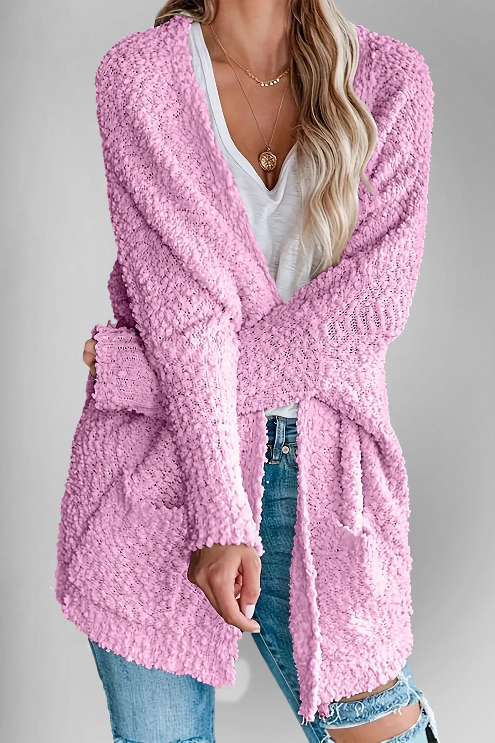 Double Take Pocketed Open Front Long Sleeve Cardigan Sweater