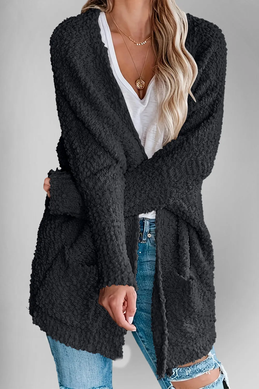 Double Take Pocketed Open Front Long Sleeve Cardigan Sweater