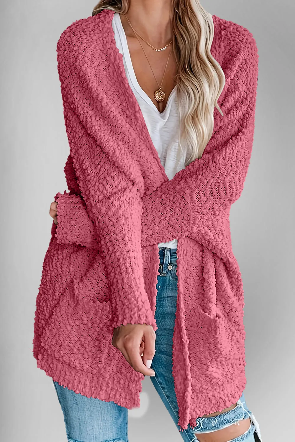 Double Take Pocketed Open Front Long Sleeve Cardigan Sweater