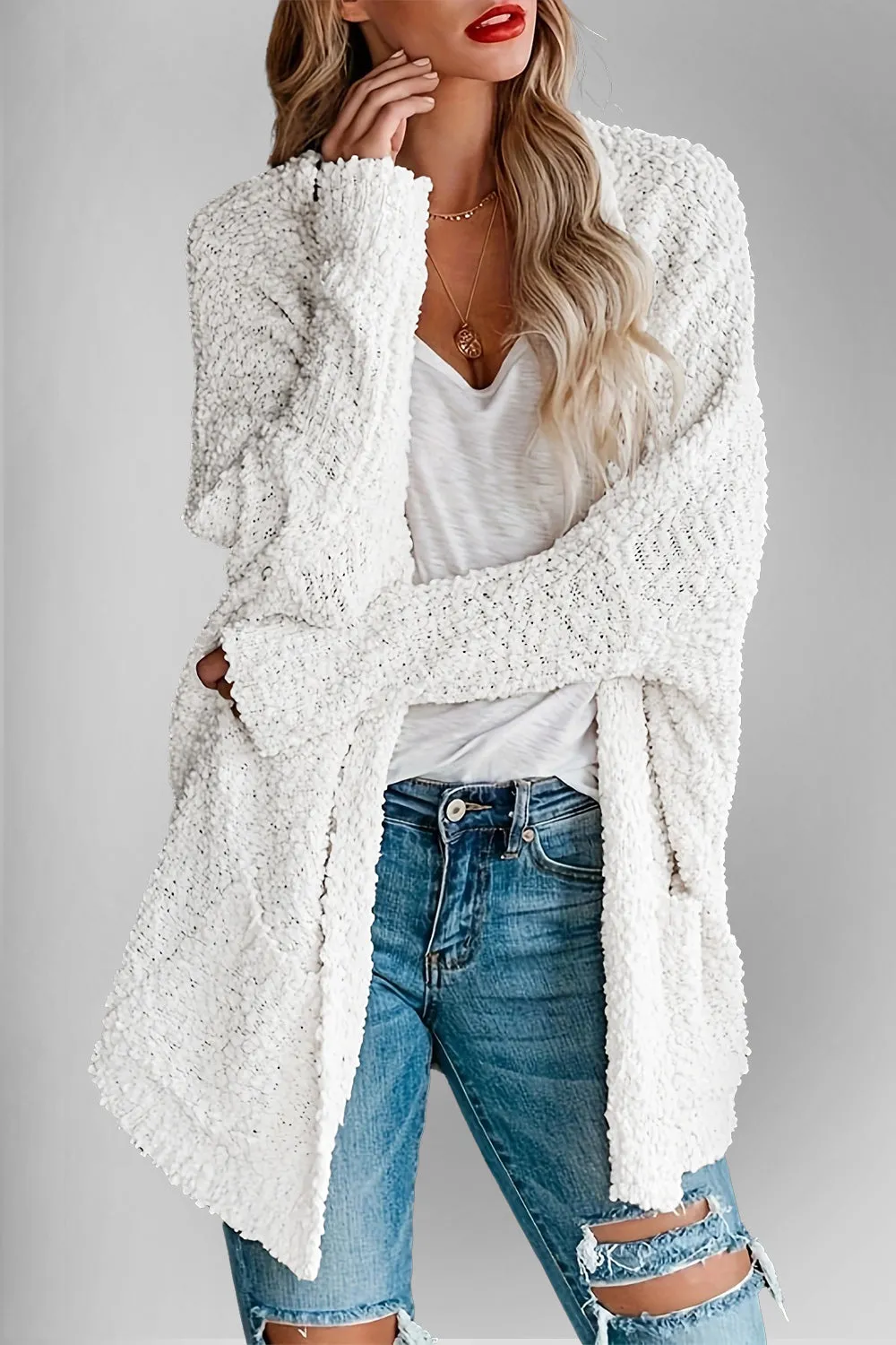 Double Take Pocketed Open Front Long Sleeve Cardigan Sweater
