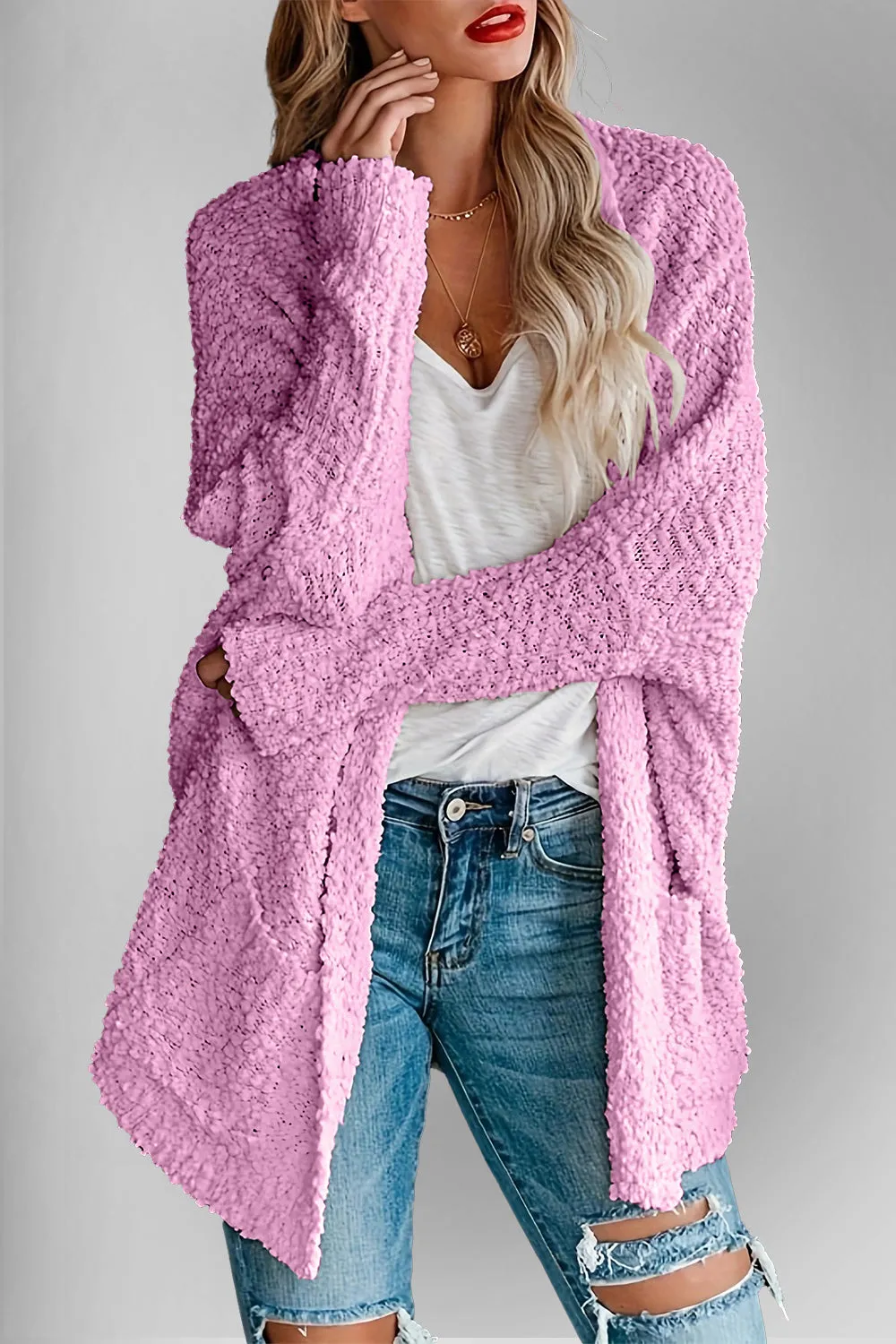 Double Take Pocketed Open Front Long Sleeve Cardigan Sweater